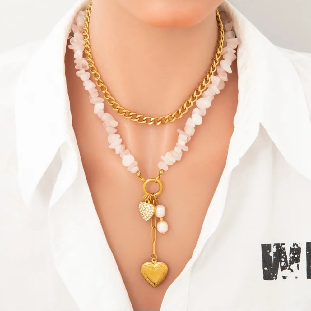 New Vintage Style 18k Gold Plated and Rose Quartz Heart Pendant Layered Necklace
